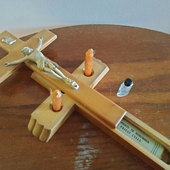 Antique Wooden Wall Crucifix With Hidden Compartment Candles Holy Water Bottle - Picture 9 of 16